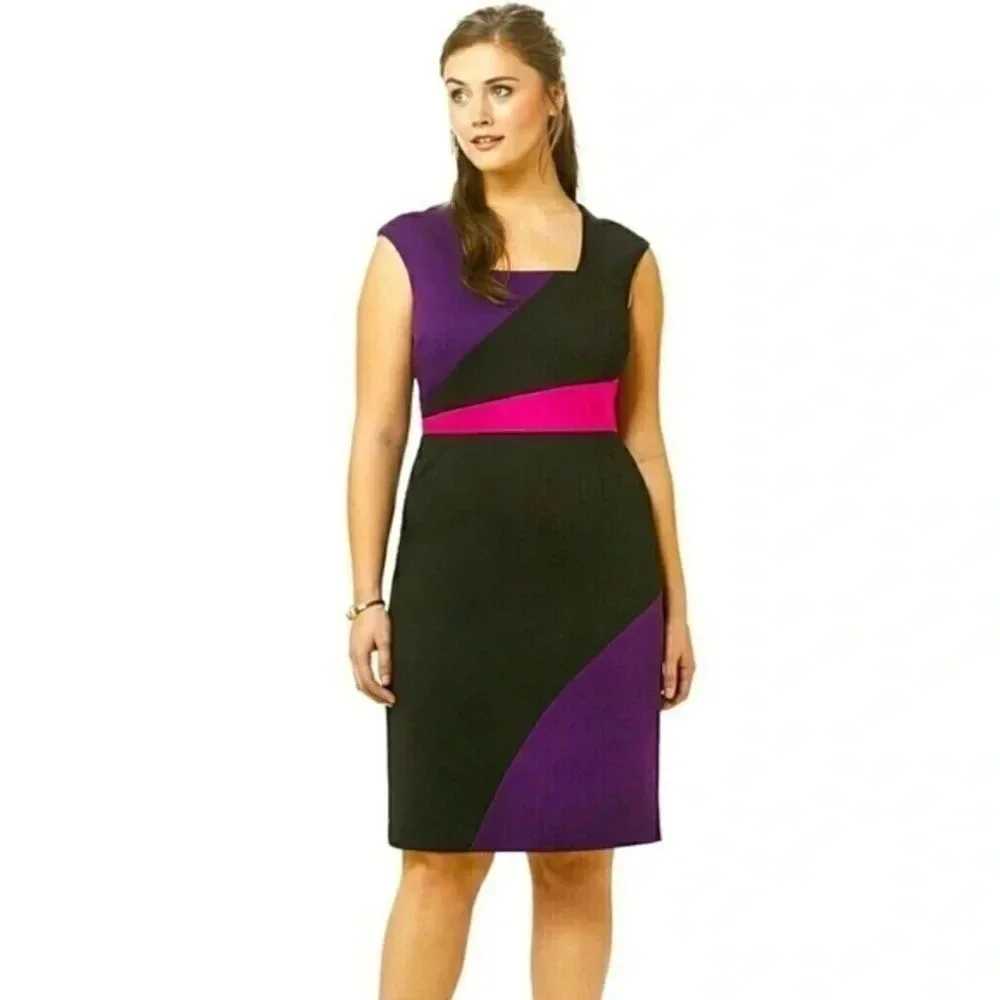 MBN Black Purple Pink Ponte Knit Color Block Cocktail Dress Plus Size 0X